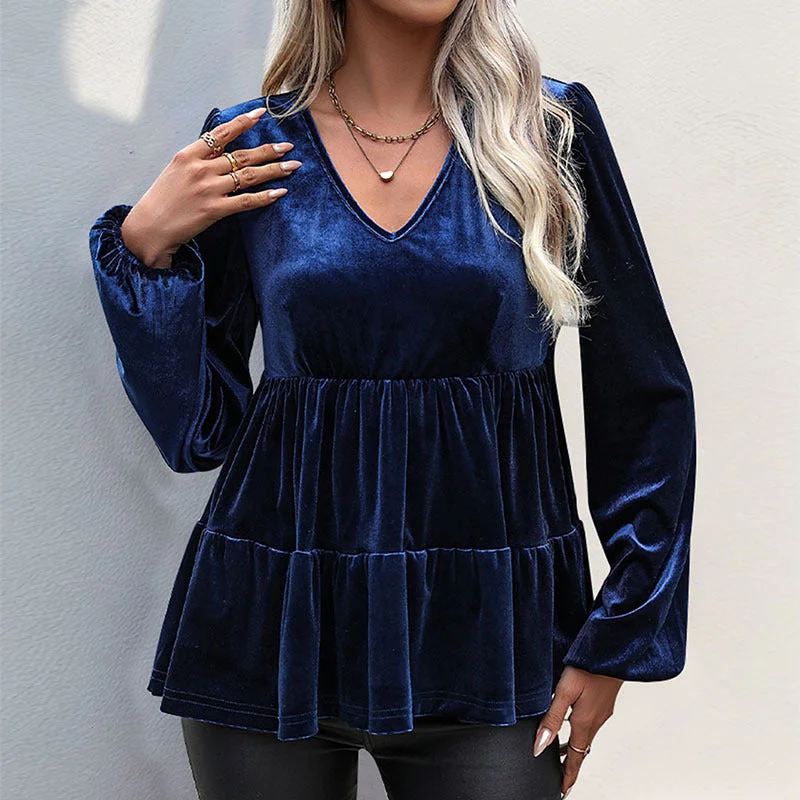 IKEARLAX 2025 2025 trade women's clothing autumn temperament elegant pullover top ruffle edge V-neck fashion velvet shirt Elbow Length Sleeve