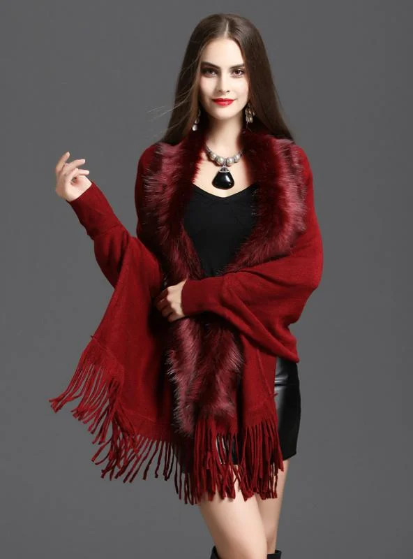 LOOSE FOX LIKE FUR COLLAR TASSEL KNITTED CARDIGAN SHAWL Knit Fabric Woven Fabric Fleece Fabric