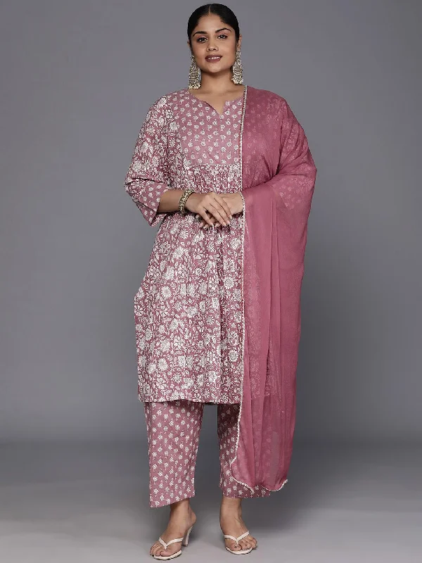 Sztori Plus Size Floral Printed Sequinned Pure Cotton A Line Kurta & Trousers With Dupatta Trousers Hiking Durable