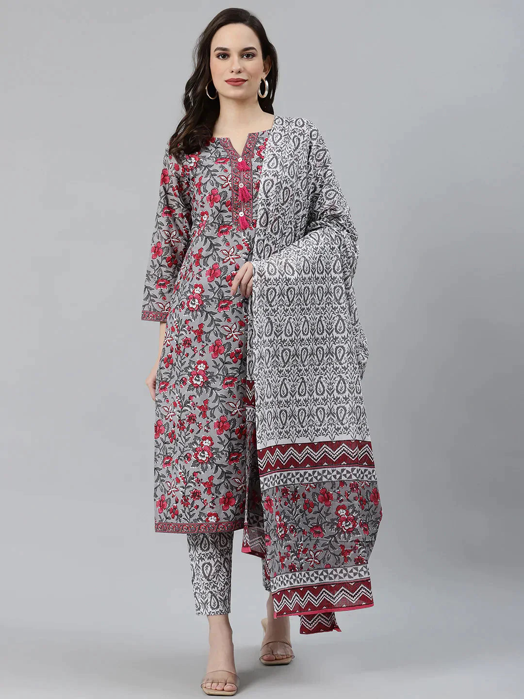 Women Grey & Magenta Block Print Pure Cotton Kurta With Trousers & Dupatta - Rasiya Trousers Modern Contemporary Women Grey & Magenta Block Print Pure Cotton Kurta With Trousers & Dupatta - Rasiya Trousers Modern Contemporary