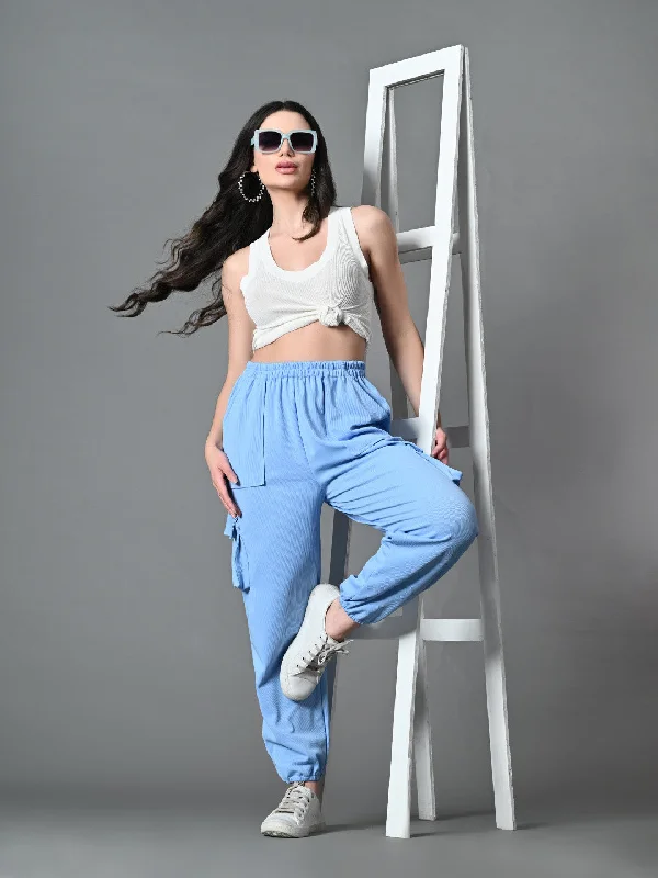 Myshka Women's Solid Ribbed High-Rise Cargo Style Casual Trousers in Blue Color Trousers Designer Luxury Myshka Women's Solid Ribbed High-Rise Cargo Style Casual Trousers in Blue Color Trousers Designer Luxury