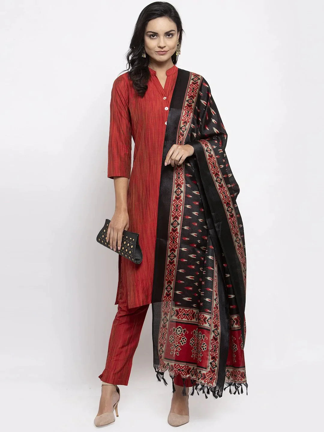 Women Red Self-Striped Kurta With Trousers & Art Silk Printed Dupatta - Rasiya Trousers sophisticated sleek Women Red Self-Striped Kurta With Trousers & Art Silk Printed Dupatta - Rasiya Trousers sophisticated sleek