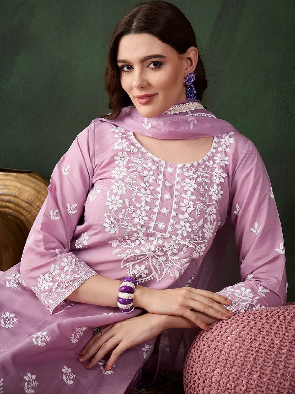 Sangria Lavender Floral Embroidered Thread Work Cotton Kurta & Trouser With Dupatta Trousers Capri Summer