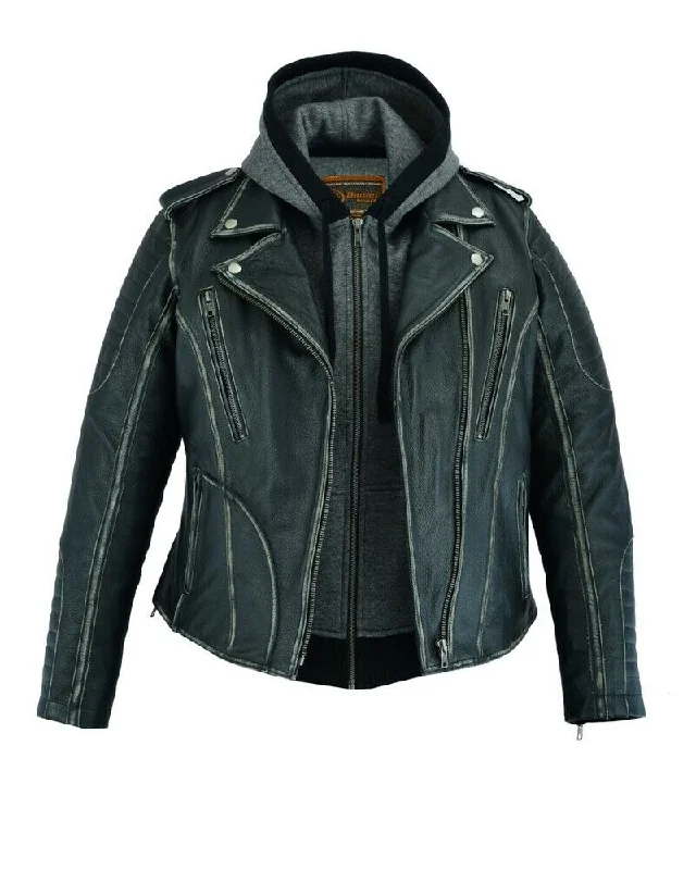 Ladies Leather Motorcycle Jacket Rub-Off Finish DS877 Knit Fabric Woven Fabric Fleece Fabric