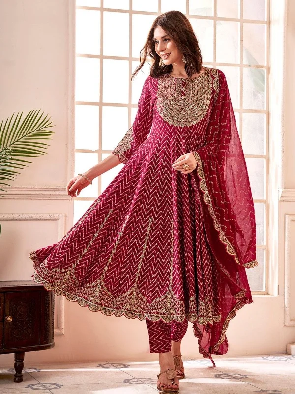 Anouk Maroon Chevron Embroidered Empire Thread Work Anarkali Kurta & Trousers & Dupatta Trousers Office Stylish