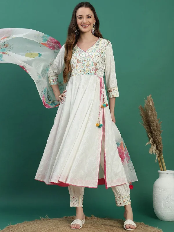 Sangria White Floral Embroidered Mirror Work Angarakha Kurta With Trousers & Dupatta Trousers Low Rise Relaxed