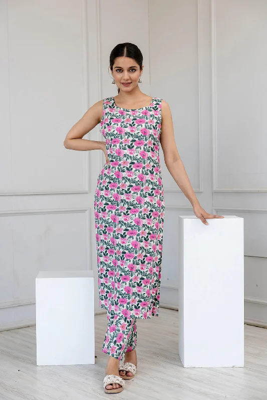Women Off White and Pink Printed Straight Kurta With Trouser - Rasiya Trousers Floral Bohemian Women Off White and Pink Printed Straight Kurta With Trouser - Rasiya Trousers Floral Bohemian