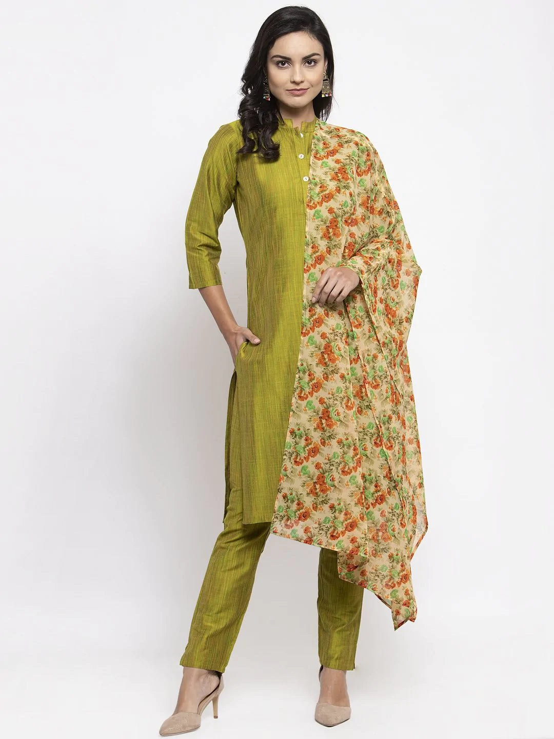 Women Green Self-Striped Kurta With Trousers & Floral Georgette Dupatta - Rasiya Trousers versatile functional Women Green Self-Striped Kurta With Trousers & Floral Georgette Dupatta - Rasiya Trousers versatile functional