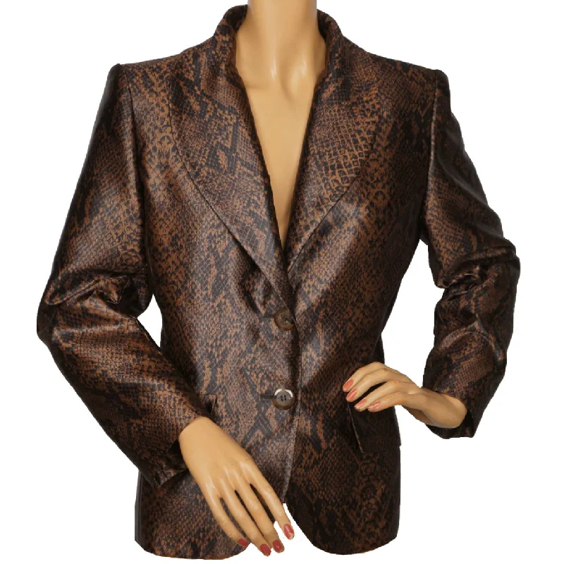 Vintage 1980s Yves St Laurent Suit Jacket Brown Snakeskin Pattern Ladies M 40 A-Line Jacket Boat Neck Shawl Collar