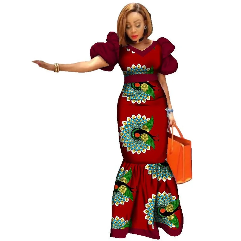 Ladies Dresses African Plus Size Puff Sleeve Dress +