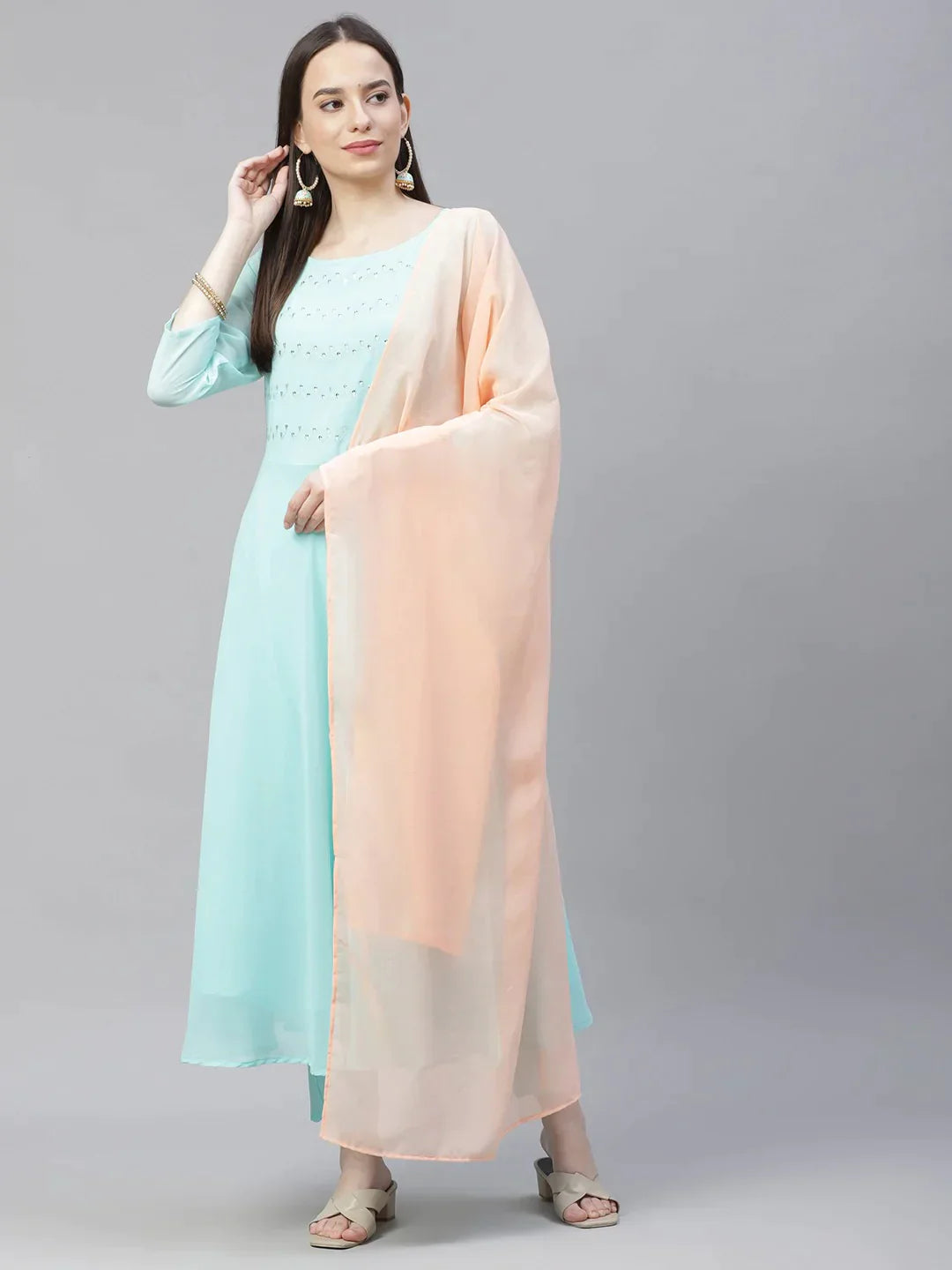 Women Turquoise Blue Embroidered Regular Sequinned Kurta With Trousers & Dupatta - Rasiya Trousers Evening Elegant Women Turquoise Blue Embroidered Regular Sequinned Kurta With Trousers & Dupatta - Rasiya Trousers Evening Elegant