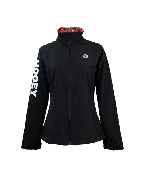 Hooey HJ105BK Womens Softshell Jacket With Red Floral Print Lining Black Snapped Jacket Toggled Jacket Drawstring Jacket