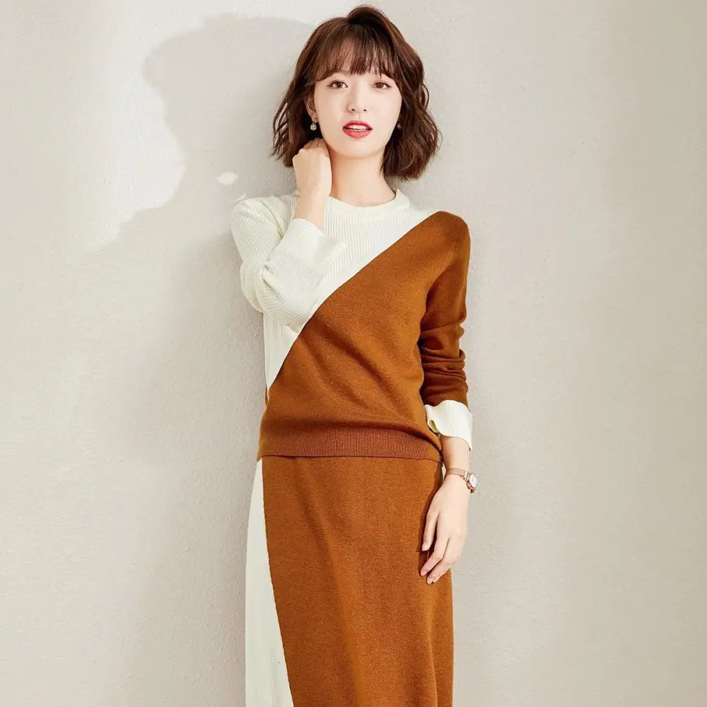 Office lady two-piece set knitting patchwork brown & white sweater Oversized Loose Flowy