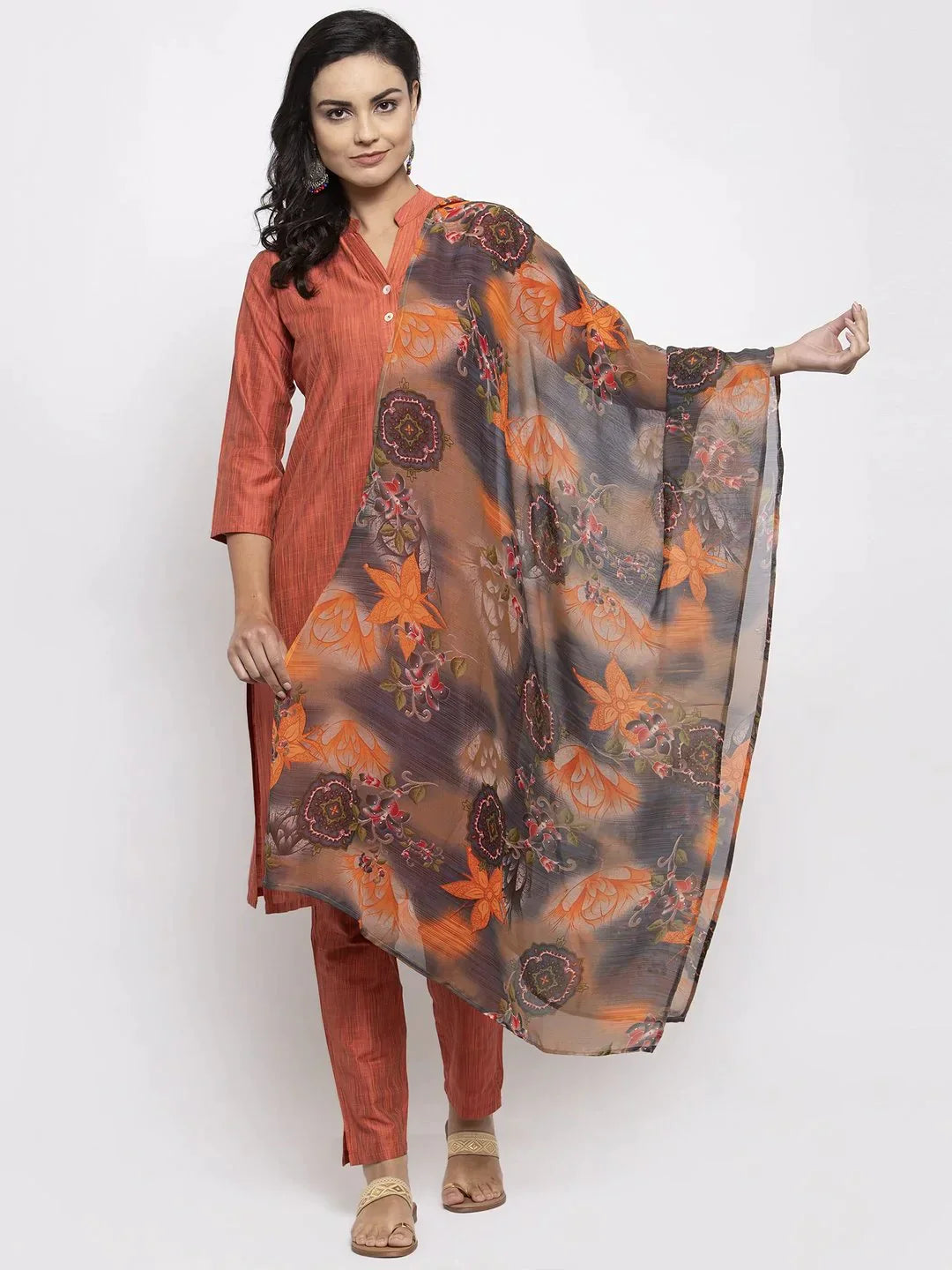 Women Orange Self-Striped Kurta With Trousers & Georgette Dupatta - Rasiya Trousers Timeless Classic Women Orange Self-Striped Kurta With Trousers & Georgette Dupatta - Rasiya Trousers Timeless Classic