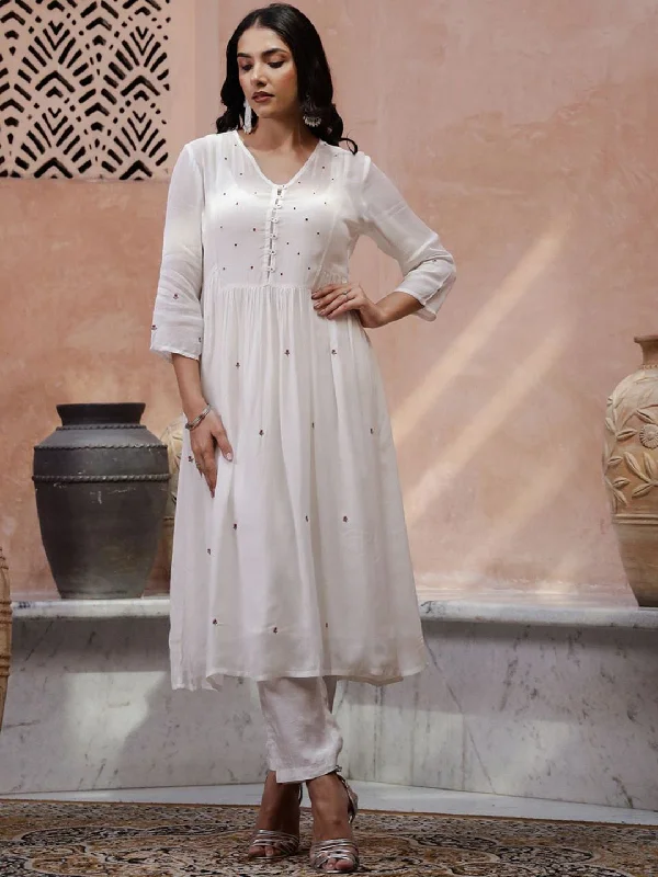 Sangria Floral Embroidered Thread Work Kurta with Trouser Trousers Palazzo Wide Leg