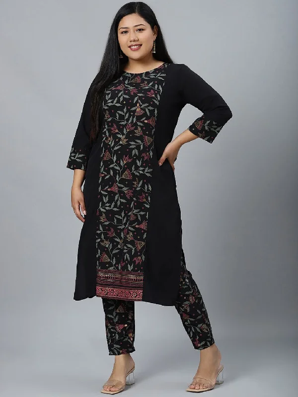 Sztori Plus Size Floral Printed Straight Kurta With Trouser Trousers Mesh Breathable