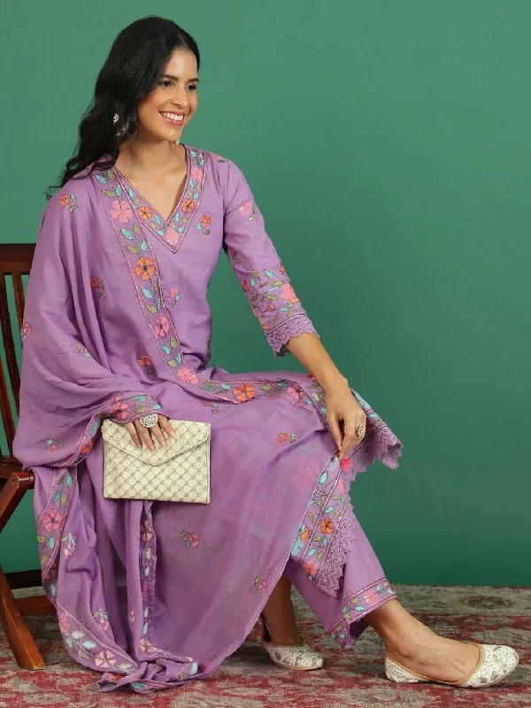 Sangria Embroidered V- Neck Kurta & Trousers With Dupatta Trousers Running Lightweight