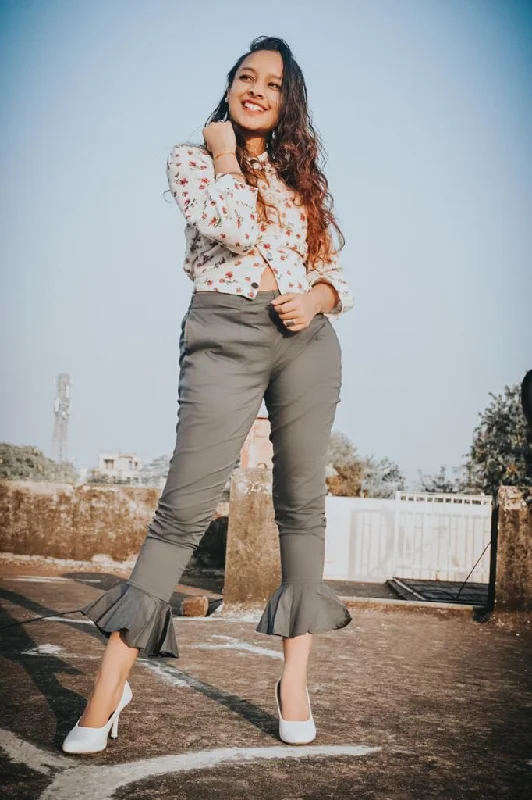 Women Grey Smart Fit Solid Bottom Flared Trousers - Rasiya Skinny Trousers Denim Stretchy Women Grey Smart Fit Solid Bottom Flared Trousers - Rasiya Skinny Trousers Denim Stretchy