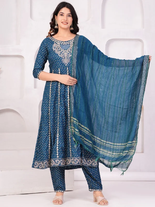 Women Ethnic Motifs Printed Panelled Thread Work Kurta With Trousers & Dupatta (Blue) - Rasiya Trousers Summer Linen Women Ethnic Motifs Printed Panelled Thread Work Kurta With Trousers & Dupatta (Blue) - Rasiya Trousers Summer Linen