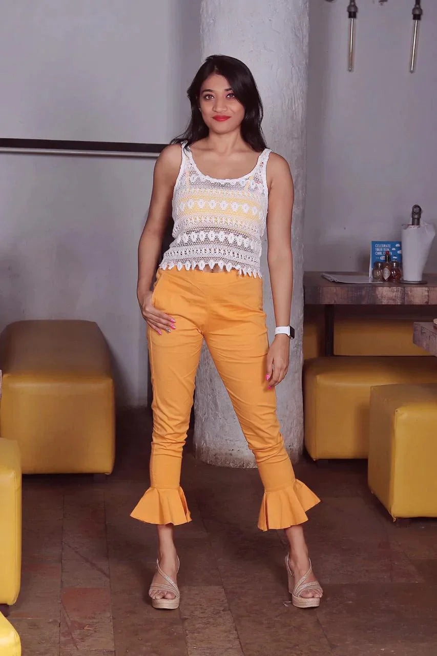 Women Mustard Smart Fit Solid Bottom Flared Trousers - Rasiya Cropped Trousers Casual Linen Women Mustard Smart Fit Solid Bottom Flared Trousers - Rasiya Cropped Trousers Casual Linen