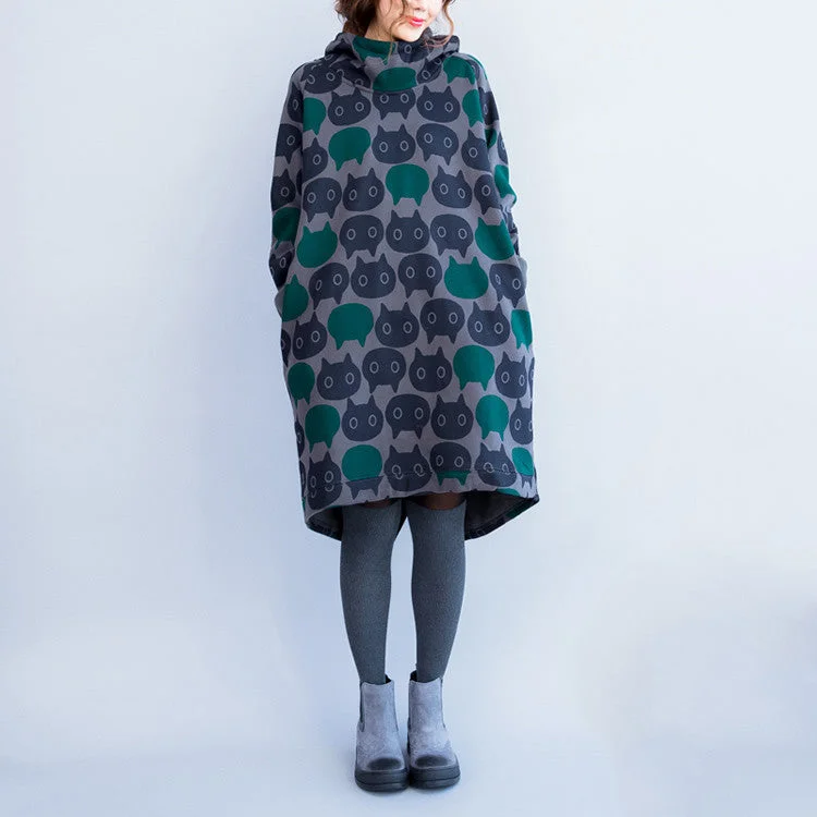 Autumn&winter Fashion Korean Style Plus Size Women Brand Clothing Thicken Cotton casual Knee-length Print Dress H207