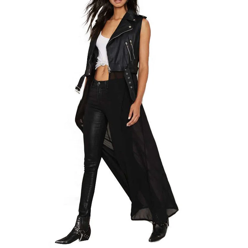 Women Solid PU Patchwork Chiffon Sleeveless Long Coat Jacket Zipper Casual Outwear Top Tees Cotton Fabric Linen Fabric Terry Fabric Women Solid PU Patchwork Chiffon Sleeveless Long Coat Jacket Zipper Casual Outwear Top Tees Cotton Fabric Linen Fabric Terry Fabric