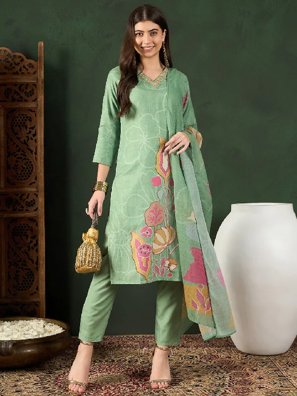 Women's Green Silk Blend Floral Printed Straight Kurta Trouser With Dupatta - Ahika Trousers High Rise Slim Fit Women's Green Silk Blend Floral Printed Straight Kurta Trouser With Dupatta - Ahika Trousers High Rise Slim Fit