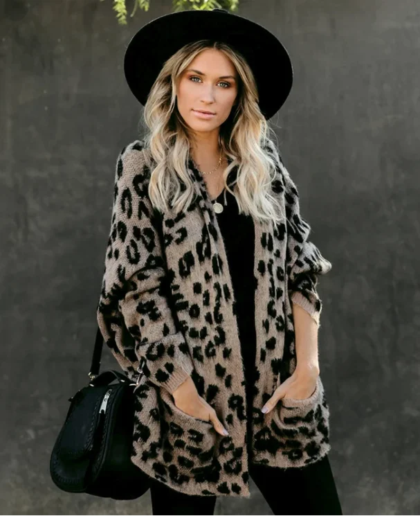 Pockets Leopard Winter Coat Long Cardigan Knitwear Herringbone Houndstooth Plaid