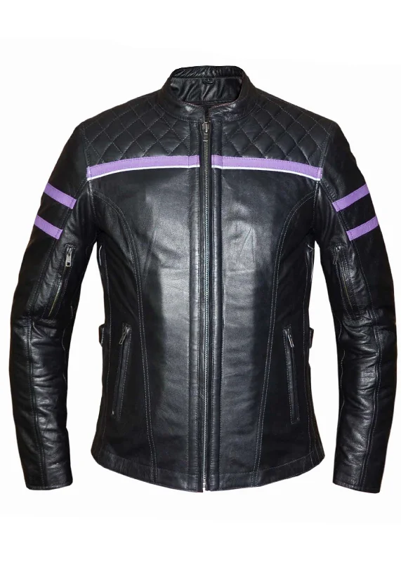 Ladies Leather Jacket with Purple Strips Mesh Jacket Canvas Jacket Denim Jacket