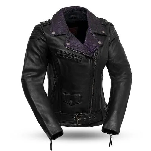 Ladies Leather Motorcycle Jacket with Purple Collar ( IRIS ) FIL184CJ Jacket Blazer Coat