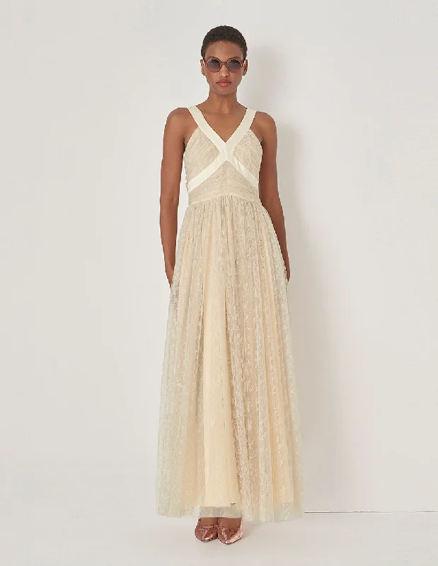 MARYLING Champagne V-Neck Lace Gown Dress