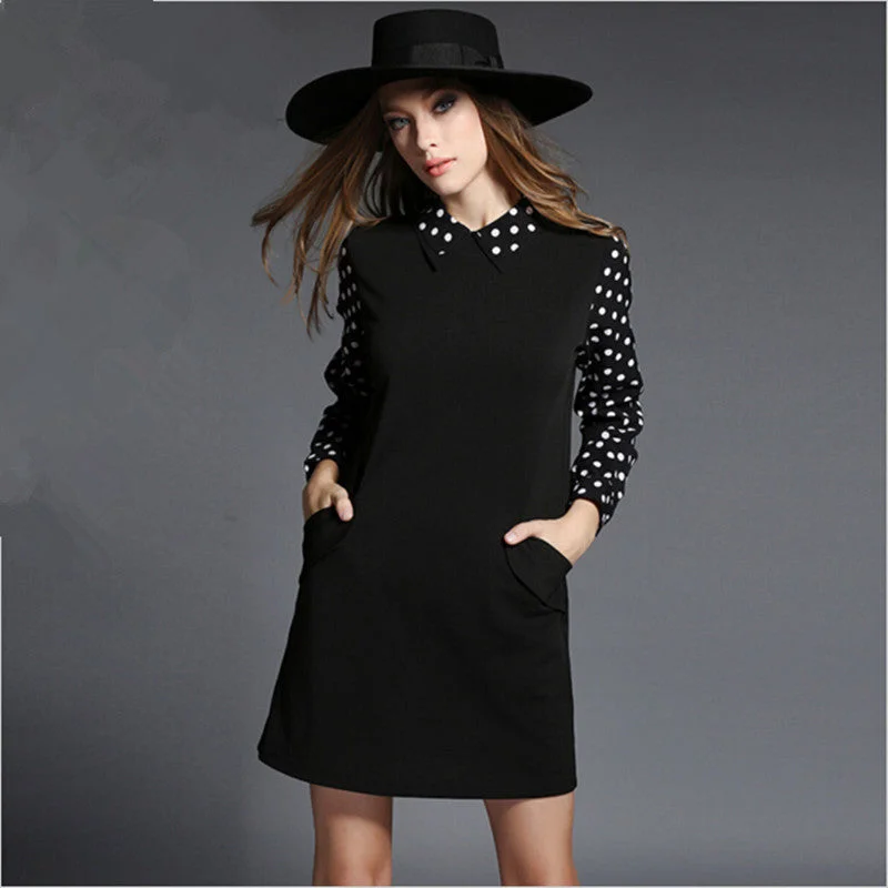 Euro Style 4XL Plus Size Women Black Dress Autumn Winter Vestidos Long Sleeve Casual Loose Dot Dress Roupas Femininos 51440