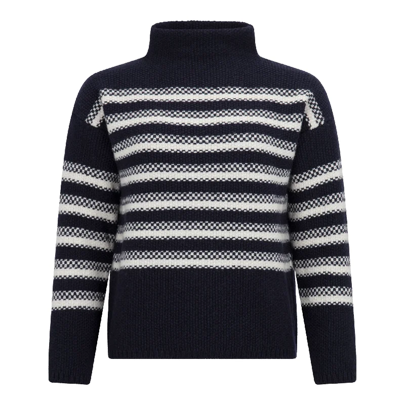 Navy and Cream Stripe Mock Neck Sweater Hooded Caped Shawl Collar