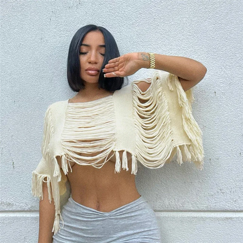 Hollow Fringe Pullover Knitted Blouse Loose Top (CL11409) Shirred Sleeve Feminine