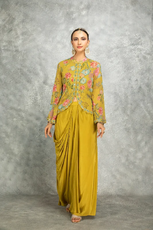 Mustard Green Embroidered Printed Jacket With Drape Skirt Striped Jacket Polka Dot Jacket Floral Jacket