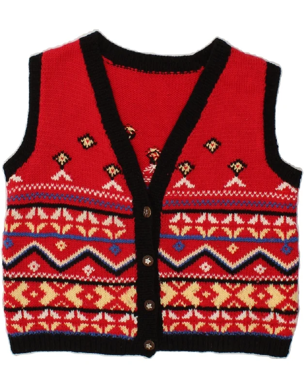 VINTAGE Womens Sleeveless Cardigan Sweater UK 14 Large Red Fair Isle Chenille Blend Fleece Blend Nylon Blend