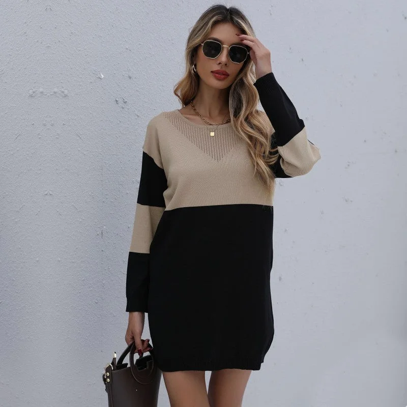 Pullover Round Neck Loose Knitted Stitching Contrast Color Woolen Skirt Jewel Neck Pullover Pullover Round Neck Loose Knitted Stitching Contrast Color Woolen Skirt Jewel Neck Pullover