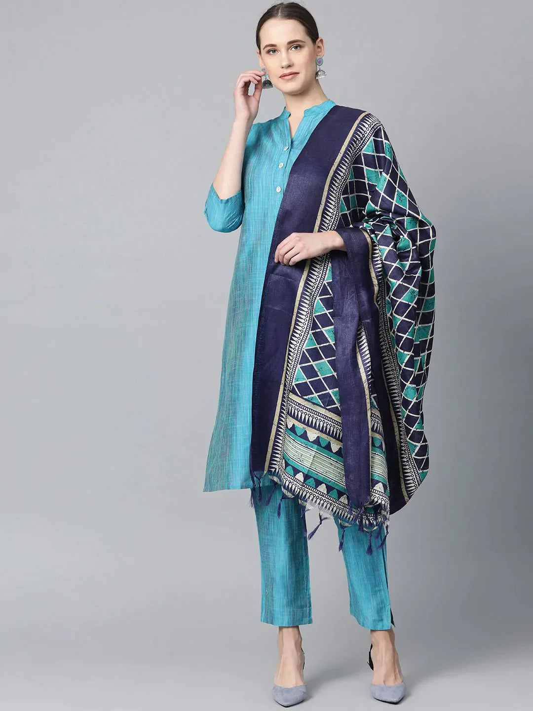Women Blue & Green Self-Striped Kurta With Trousers & Dupatta - Rasiya Trousers fashionable trendy Women Blue & Green Self-Striped Kurta With Trousers & Dupatta - Rasiya Trousers fashionable trendy