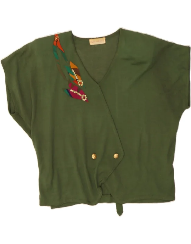 VINTAGE Womens Crop Short Sleeve Cardigan Top UK 20 2XL Green Welt Pockets Slit Pockets Flap Pockets VINTAGE Womens Crop Short Sleeve Cardigan Top UK 20 2XL Green Welt Pockets Slit Pockets Flap Pockets
