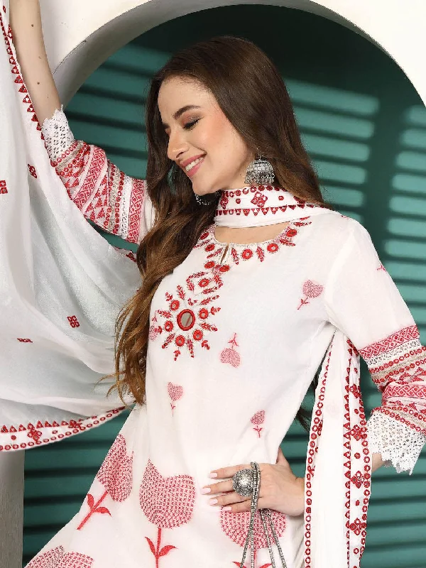 Sangria White Ethnic Motifs Embroidered Notch Neck Cotton Kurta With Trouser & Dupatta Trousers stylish modern