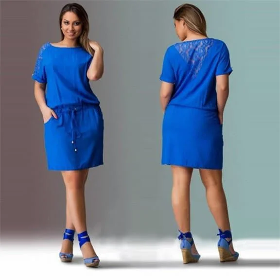 Summer Floral Lace Hollow Out Dress Patchwork Shoulder O-Neck Short Sleeve Women Sraight Dress Plus Size ZX036
