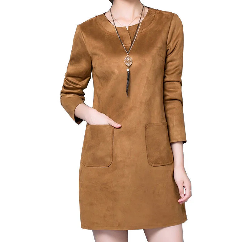 Faux Suede Plus Size L-4XL Vented Crew Neck Long Sleeve Women Dress Above Knee Flared Hem Front Pockets Female Dress Vestidos
