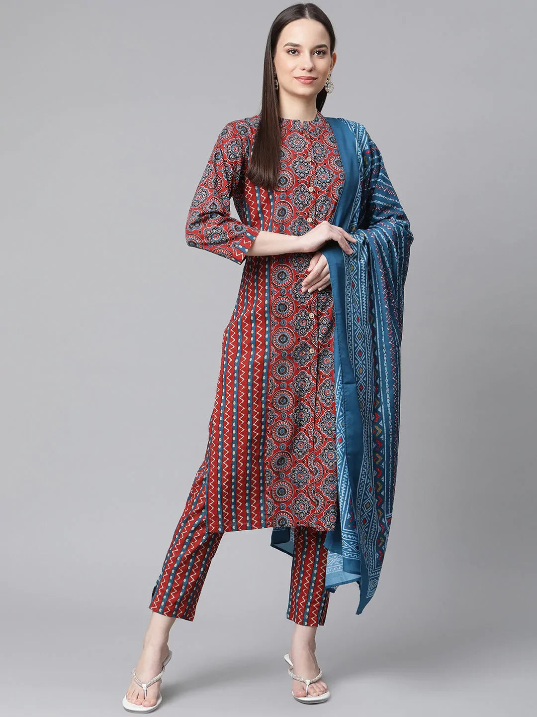 Women Maroon & Blue Printed Regular Pure Cotton Kurta With Trousers & With Dupatta - Rasiya Trousers Brand Named Women Maroon & Blue Printed Regular Pure Cotton Kurta With Trousers & With Dupatta - Rasiya Trousers Brand Named