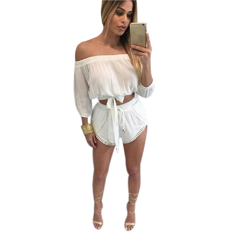 Casual 2 Pieces Set Dress Women's Off Shoulder Solid Color Lace Dress Suit Beach Wear vestidos Casual 2 Pieces Set Dress Women's Off Shoulder Solid Color Lace Dress Suit Beach Wear vestidos