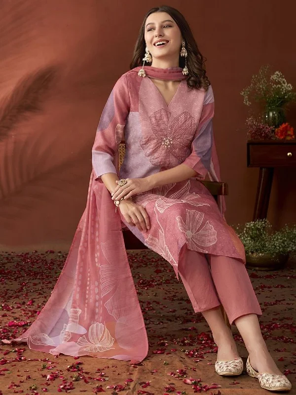 Anouk Mauve Ethnic Motifs Embroidered Beads & Stones Linen Kurta with Trousers & Dupatta Trousers Party Sparkling