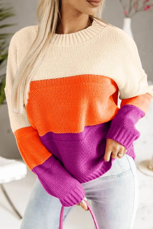 Hazel Blues® | Color Block Drop Shoulder Round Neck Sweater Embroidered Appliqued Beaded Hazel Blues® | Color Block Drop Shoulder Round Neck Sweater Embroidered Appliqued Beaded