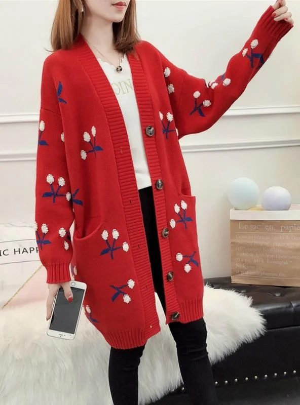 Women Knitted Cardigan Long Cherry Long Sleeve Sweater Zippered Buttoned Snapped