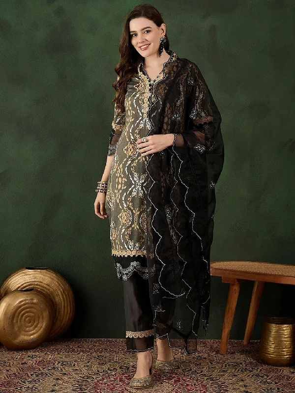 Sangria Printed Straight Kurta, Trouser & Dupatta Set Trousers Exclusive Limited