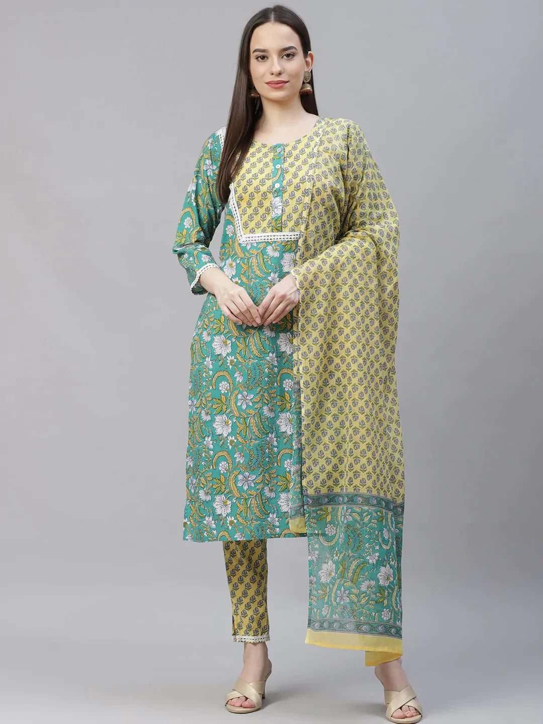 Women Green Ethnic Motifs Printed Pure Cotton Kurta With Trousers & Dupatta - Rasiya Trousers Bridal Satin Women Green Ethnic Motifs Printed Pure Cotton Kurta With Trousers & Dupatta - Rasiya Trousers Bridal Satin