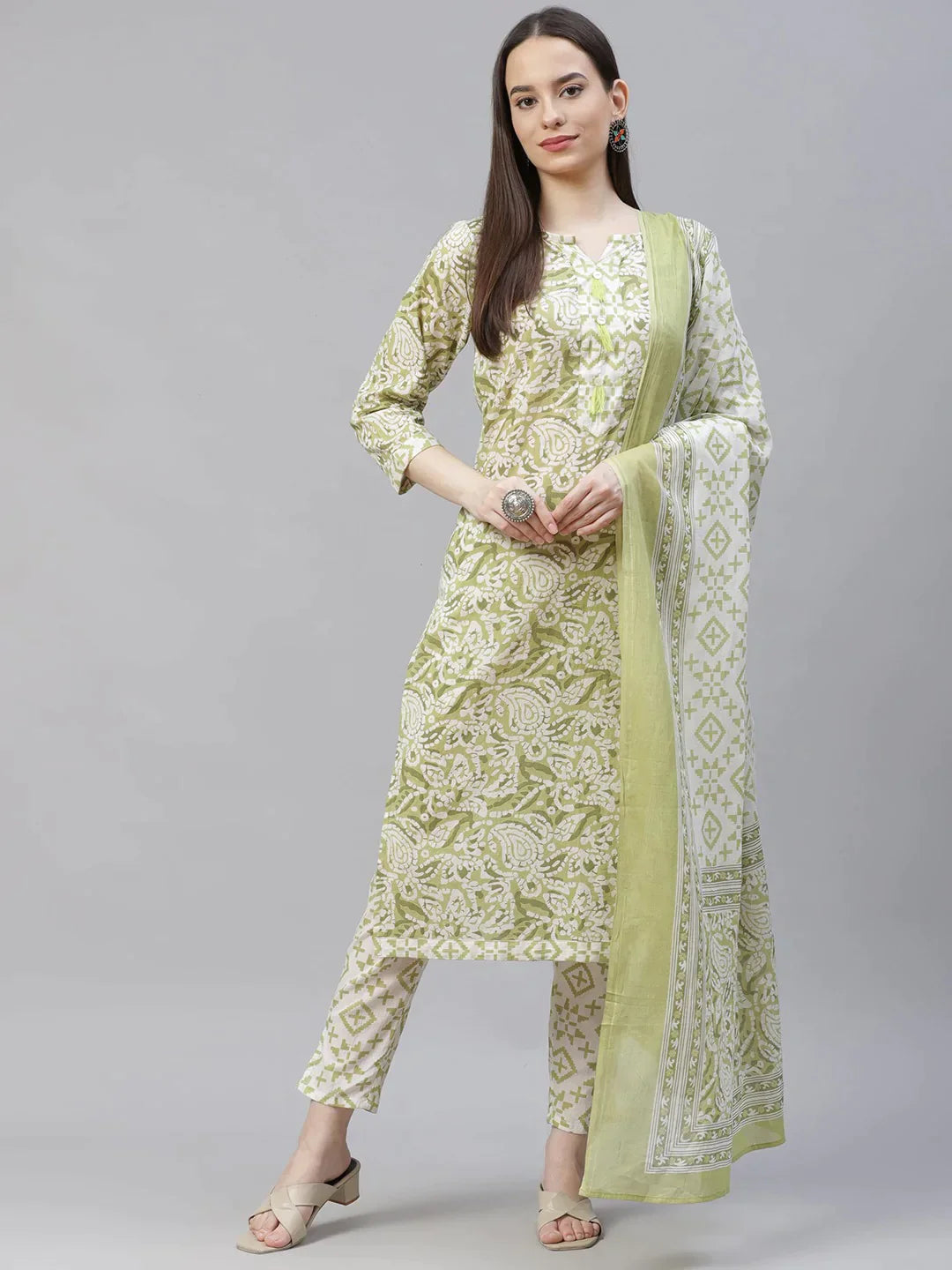 Women Green Ethnic Motifs Printed Pure Cotton Kurta With Trousers & Dupatta Green - Rasiya Trousers Ceremony Elegant Women Green Ethnic Motifs Printed Pure Cotton Kurta With Trousers & Dupatta Green - Rasiya Trousers Ceremony Elegant